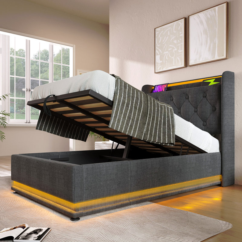 Twin Size Upholstered Bed, 360 Surround LED Function, Buttons/Apps/Remote Control, Hydraulic Storage Bed With USB Type-C Charging,Linen (Without Mattress)