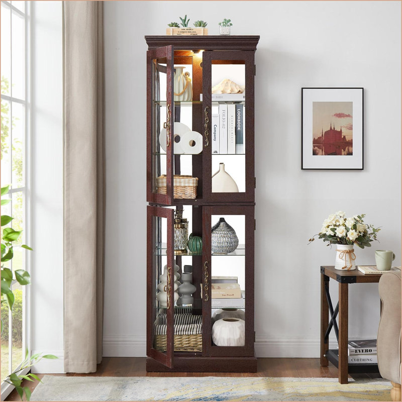 Curio Display Cabinet with LED Lights, Adjustable Glass Shelves, Wood Frame, Dark Brown | Traditional | Living Room, Cherry