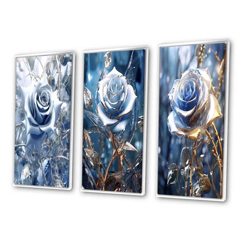 «Gilded Blue Rose Shining In The Morning Light I», 3 pièces sur toile, Cadre flottant blanc, H 32 po x l 48 po
