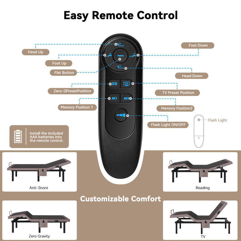 Adjustable Bed Frame With Wireless Remote,Electric Bed With Head & Foot Incline,Zero-Clearance And Zero Gravity Mode,4 USB Ports,Under Bed Lighting And 4 Height Options