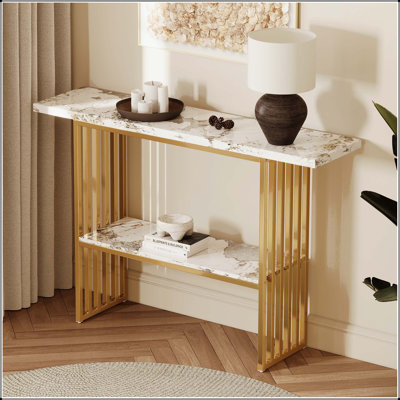 Modern Luxury Console Table with Faux Marble Top and Gold Frame