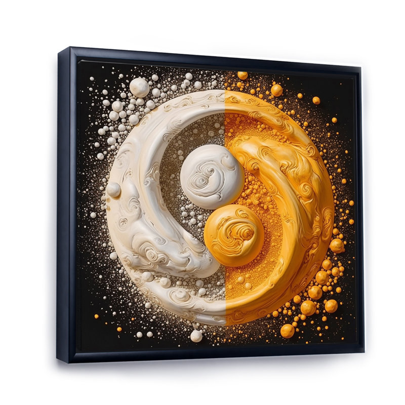 Blanc, jaune, yin et yang, H 36 po x l 36 po x P 1,5 po, Cadre flottant noir