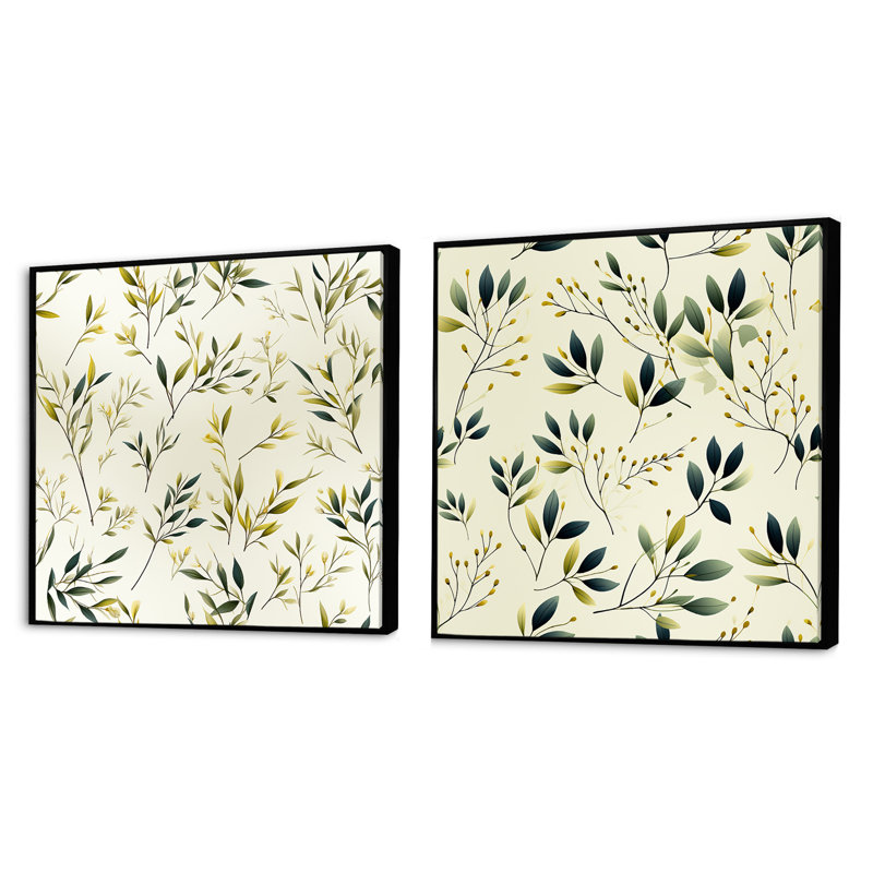 Feuilles zen - ensemble de 2 collages carrés floraux, Cadre flottant noir, H 16 po x l 33 po