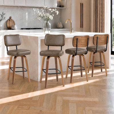 Ensemble de 4 tabourets de bar pivotants à hauteur de comptoir de 26 pouces avec dossier, pieds en bois cintré et revêtement en similicuir, tabourets de comptoir pour comptoir de cuisine