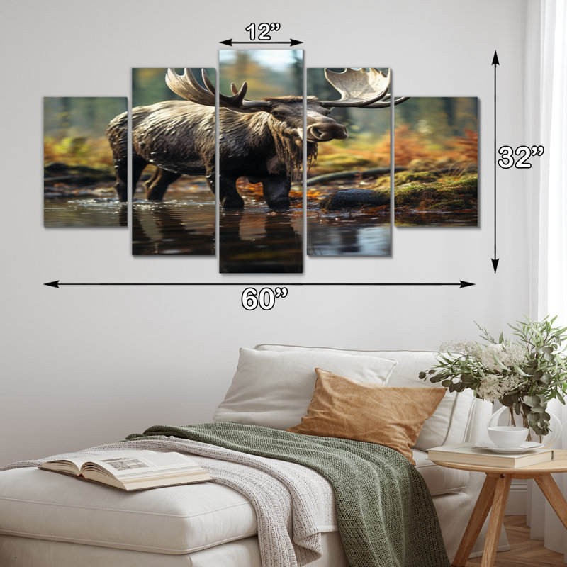 «Brown Yellow Moose Canada», reproduction d'art sur toile - 5 panneaux