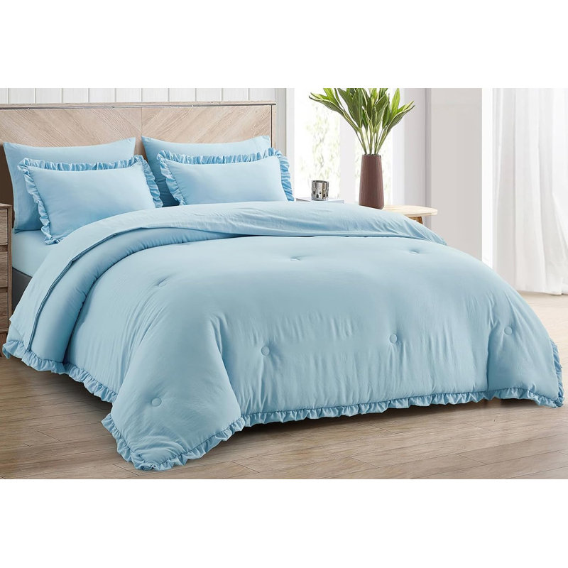 Ruffled Edge Microfiber Bed in a Bag Comforter Set, Queen Comforter + 6 Additional Pieces, Chambray Blue