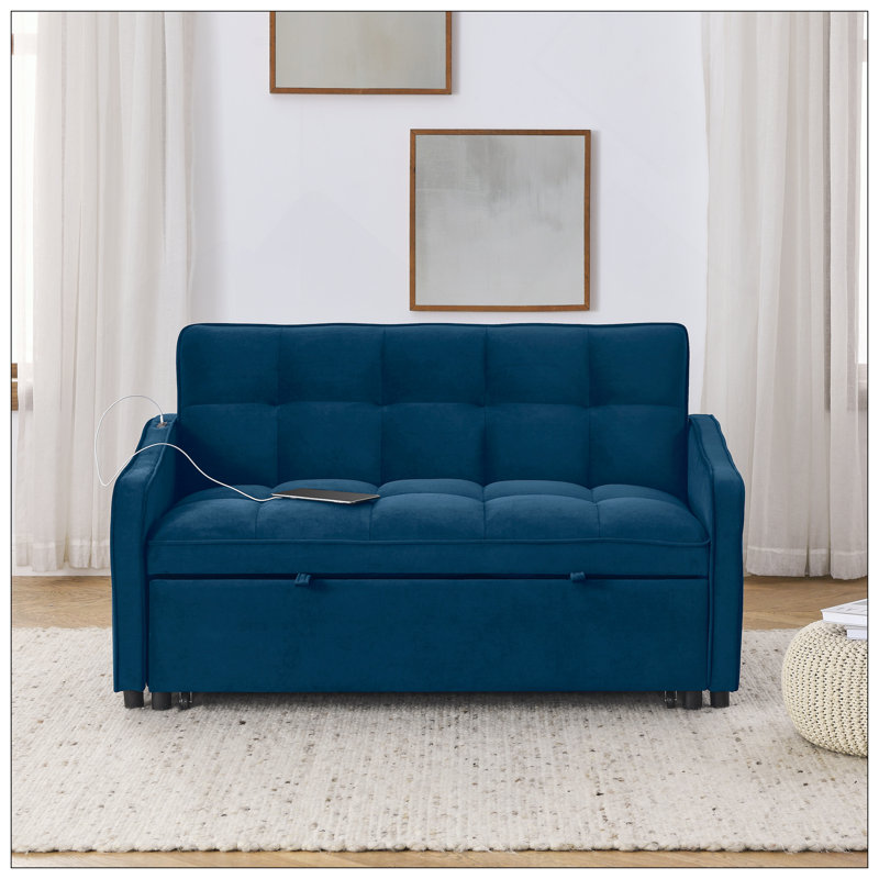 Loveseats Sofa Bed With Pull-Out Bed,Adjsutable Back And Two Arm Pocket,Typec And USB Charging With Copper Nail,Blue (47"X53"X31")
