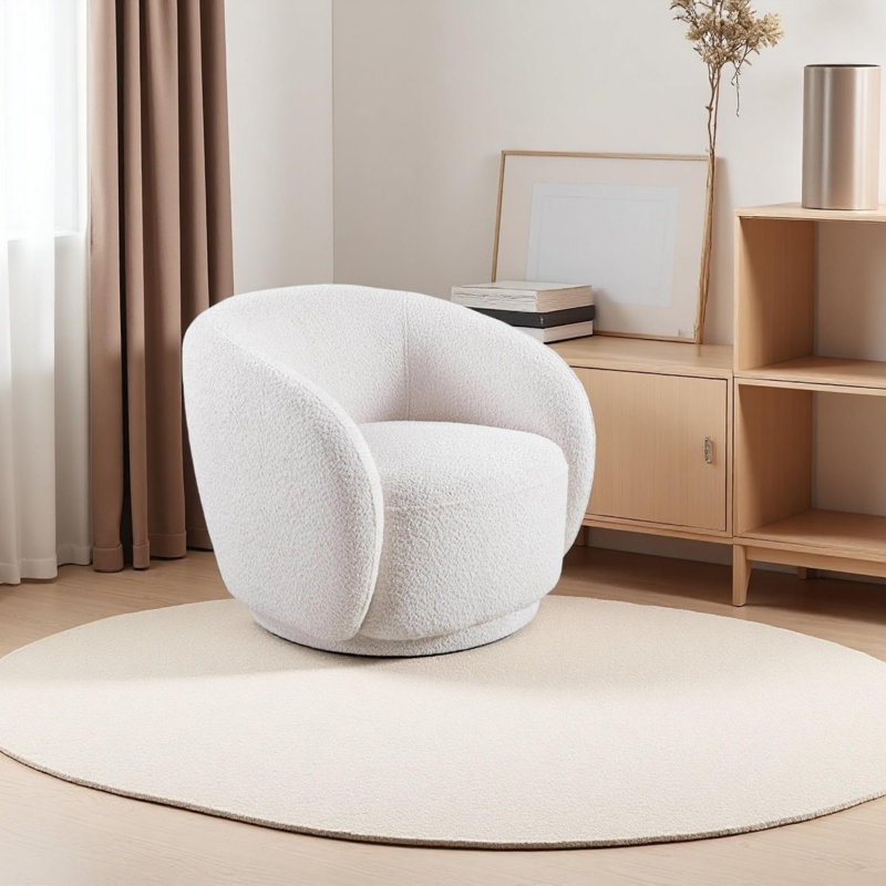 Swivel Accent Chair, Boucle Fabric Upholstered Barrel Chair, Single Sofa Single Armchair for Living Room, White, 1