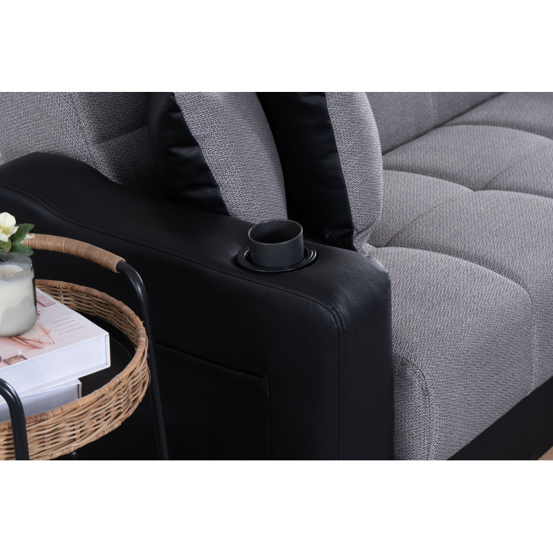 Canapé modulaire Lindsey beige avec similicuir chocolat, Tissu gris clair / similicuir noir
