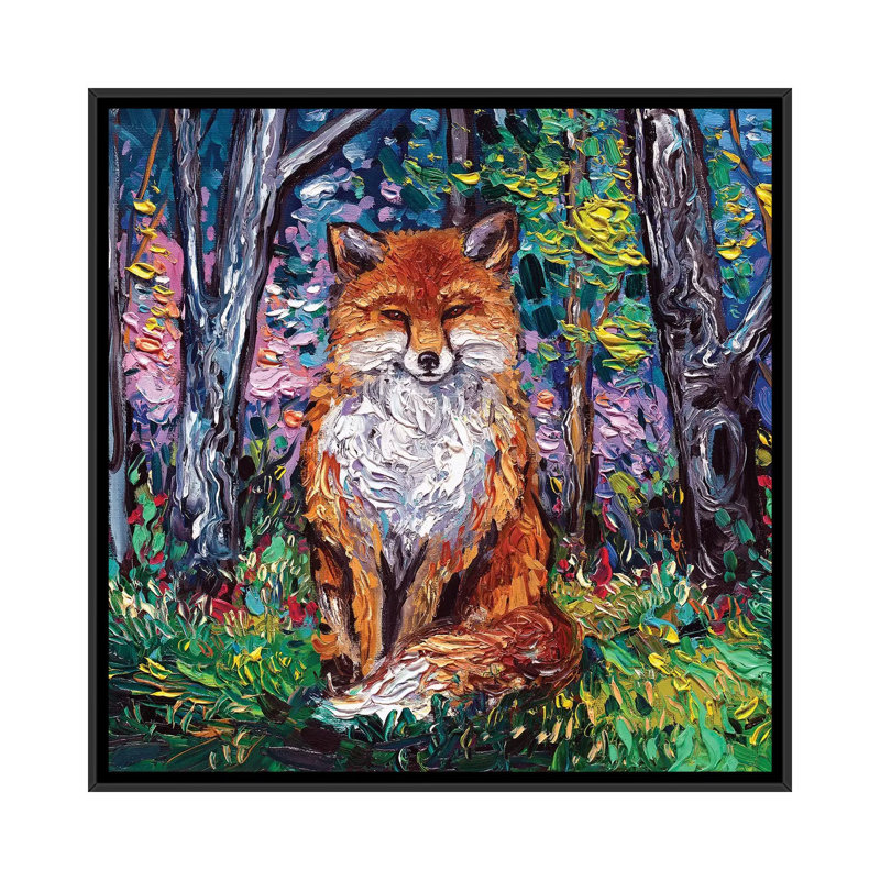 Le renard roux par Aja Trêves - reproduction d'art, H 26 po x l 26 po x P 1,5 po, Toile avec cadre noir, Pas de tapis