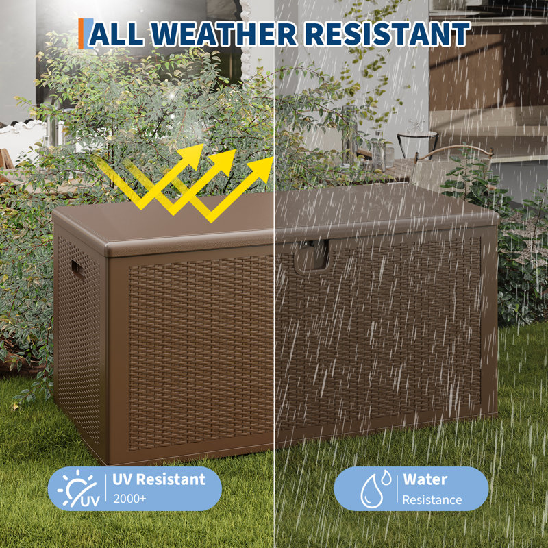 150-Gallon Outdoor Storage Box with Lid and Lockable Design, Weather-Resistant Deck Box with Built-In Handles, Brown
