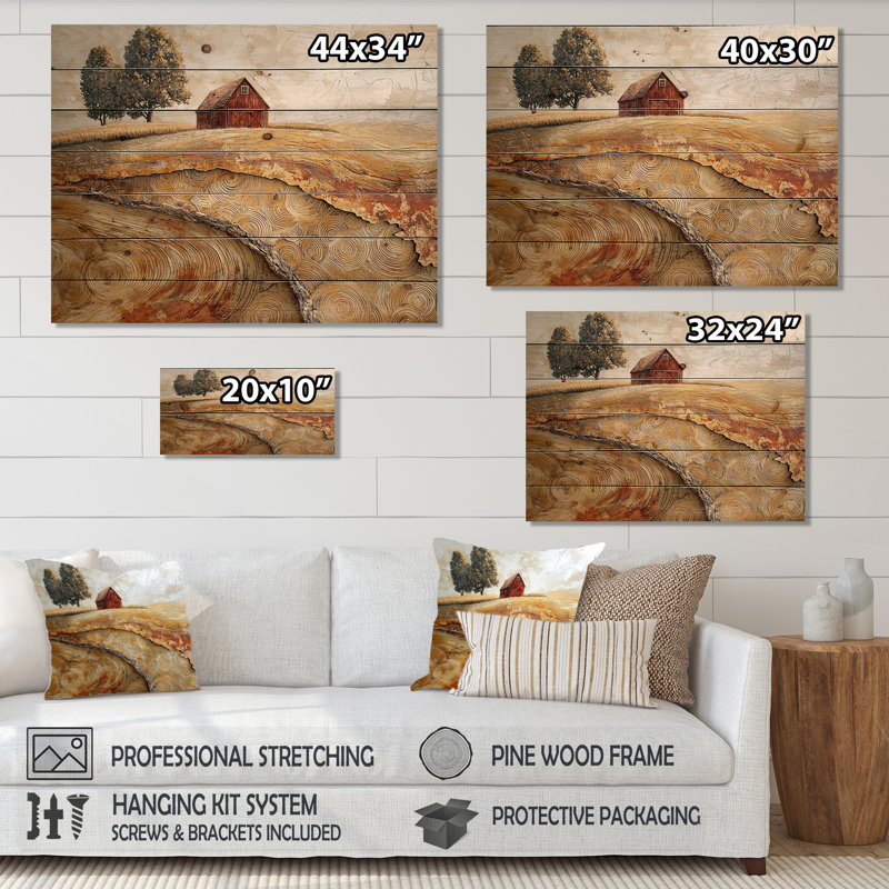 Automne, grange sur une glissade en bois, paysage II - reproduction de bois de grange - sur bois de pin naturel