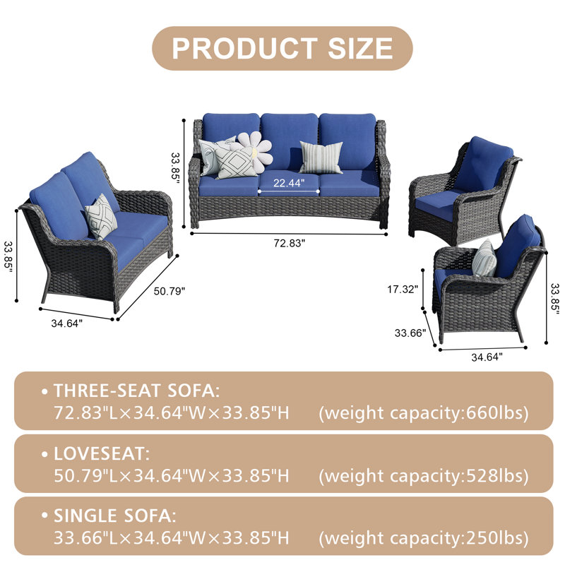 Ensemble de conversation pour 5 personnes avec coussins Tyshonna, Bleu denim, Non