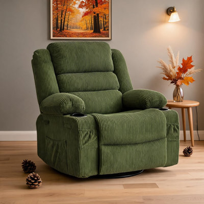 Rocking Recliner Chair for Adults, 360° Swivel Rocker Recliner Chair with Cup Holder & Deep Upholstered Seat, 30 Deg Rocking, Manual Recline, Side Pocket, Metal Frame, For Nursery Living Room Bedroom
