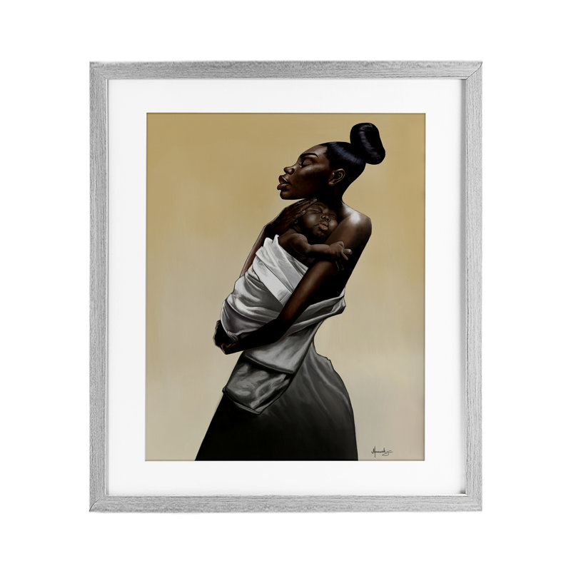«Mother and Child Tendresse», reproduction sous verre encadrée, design par Manasseh Johnson Sr, Cadre de ferme gris