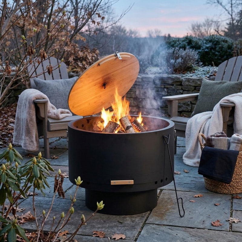 26 in Smokeless Fire Pit with Removable Ash Pan, Wood Burning Firepit Table with Lid&Fire Poker,Smokeless Outdoor Fireplace with Dust Bag, Outdoor Fire Pits for BBQ, Table, Bonfire, Camping.