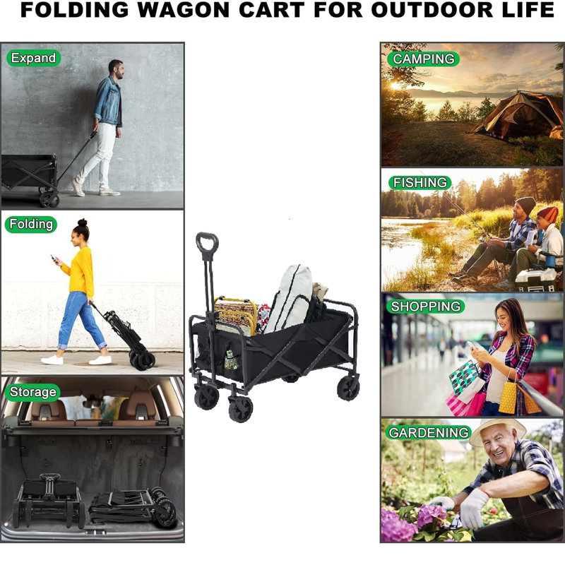 Collapsible Foldable Portable Utility 240L Capacity Wagon Garden Cart with Pedal Brake, Black