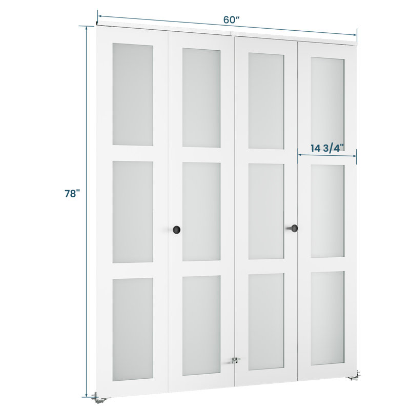 3-Lite 78" Frosted Glass Double Bi-Fold Doors for 80" Door Opening Height with Installation Hardware Kit, 60" x 80"
