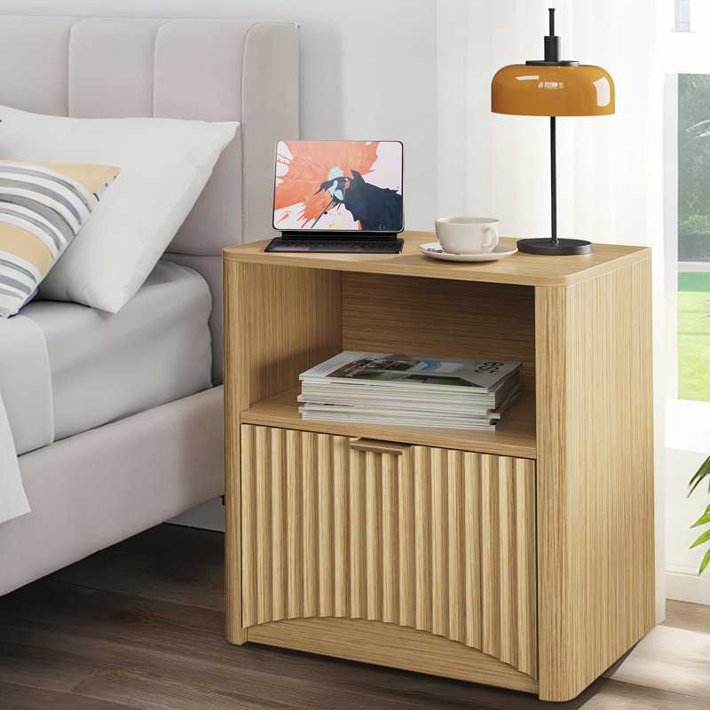 22.8" Wide Fluted Nightstand with Drawer and Storage, Mid Century Modern Nightstand, Fluted Nightstand for Bedroom, 1