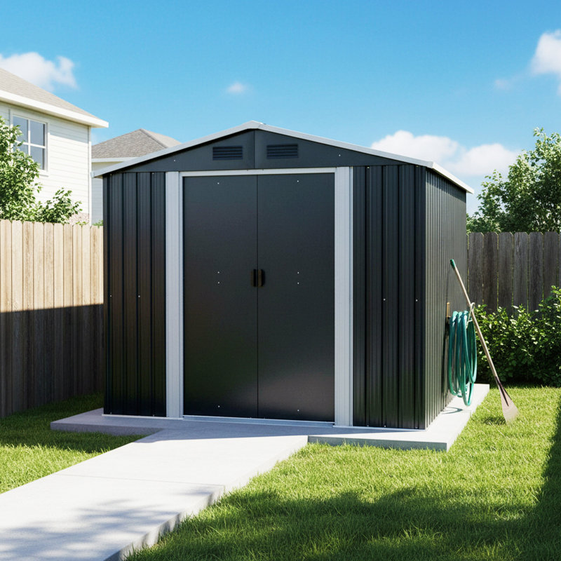 8 ft. x 10 ft. Outdoor Metal Storage Shed with Foundation, Black, 114.75" H x 89" W x 75" D