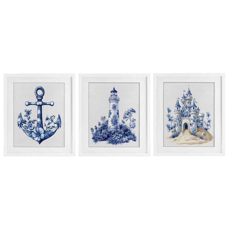Ensemble de 3 reproductions encadrées sous-verre ornées de motifs nautiques, H 21 po x l 17 po, Cadre blanc côtier