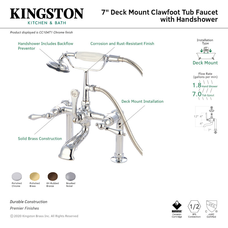 Kingston Brass Vintage Three-Handle 2-Hole Deck Mount Clawfoot Tub Faucet with Hand Shower, Oil Rubbed Bronze