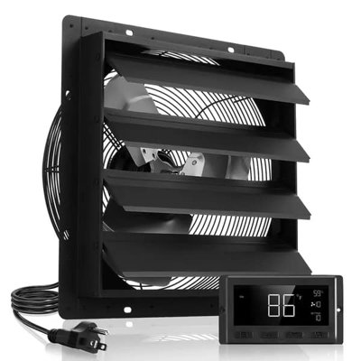 Ventilateur à obturateur de 16 pouces, ventilateur de grenier mural avec contrôle de la température à vitesse variable, 2900 CFM, moteur EC, minuterie, pour remise, garage, refroidissement de serre, noir
