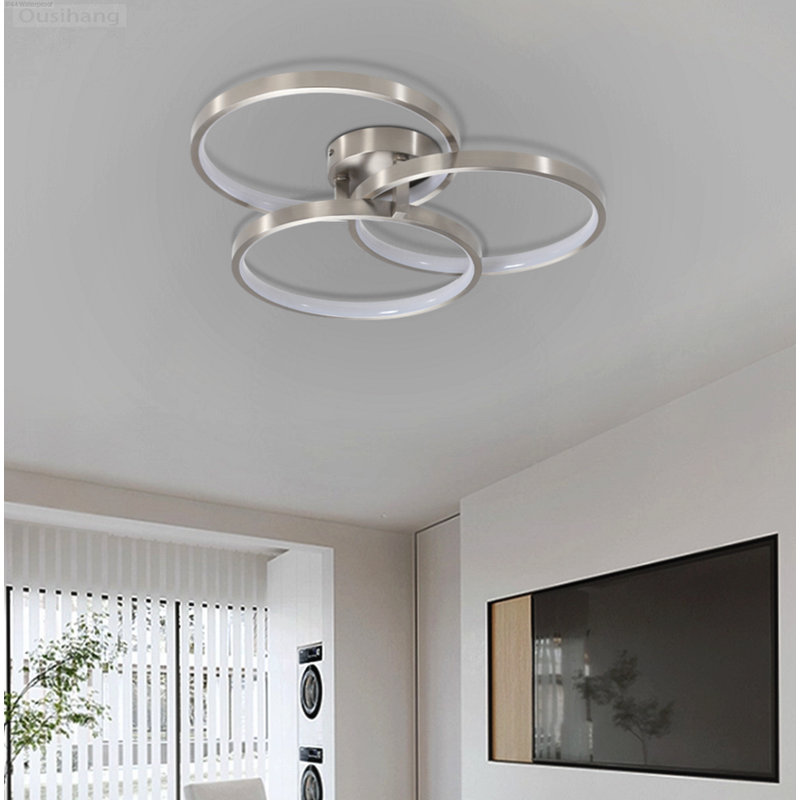 Dimmable Triple-Ring Contemporary Flush Mount Brushed Nickel