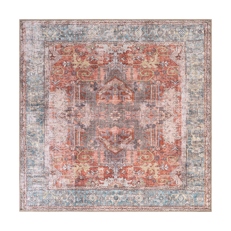 Tapis oriental lavable à la machine rouge / bleu Labarbera, Carré 6 pi 7 po
