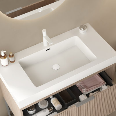 Rectangular Undermount Basin 36" Bathroom - White Solid Surface, Modern Scandinavian Design, Scratch Resistance, Wear Easy Cleaning, Faucet Hole And Overflow, Sink Cover & Expandable Drain Pipe