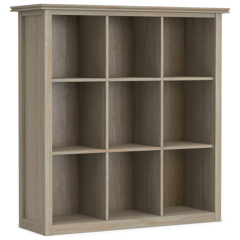 Artisan 45"H Solid Wood Transitional 9-Cube Bookcase with Fixed Shelves and Tapered Legs, Distressed Gray