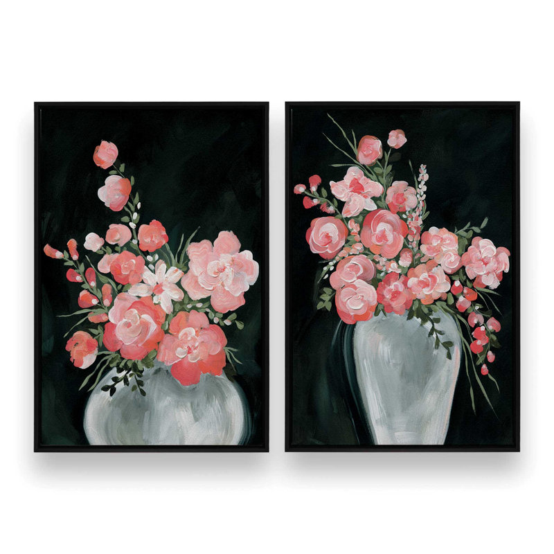 Ensemble de 2 impressions sur toile délicates fleurs de corail, H 19,5 po x l 27 po x P 1,75 po, Cadre flottant blanc opaque