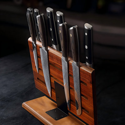 Magnetic Knife Block, Acacia Wood Knives Holder Stand, Enhanced Double-Sided Magnetic Wooden Knife Storage For Kitchen Counter