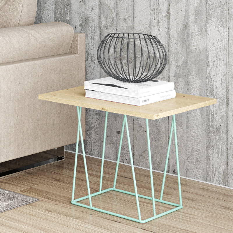 Saina End Table, Wild Oak, Sea Green Lacquered Steel