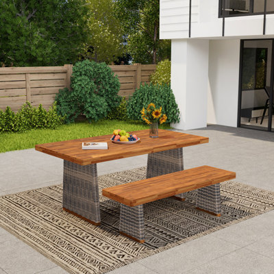 Outdoor Acacia Wood Dining Table Set With 1 Table And 1 Bench