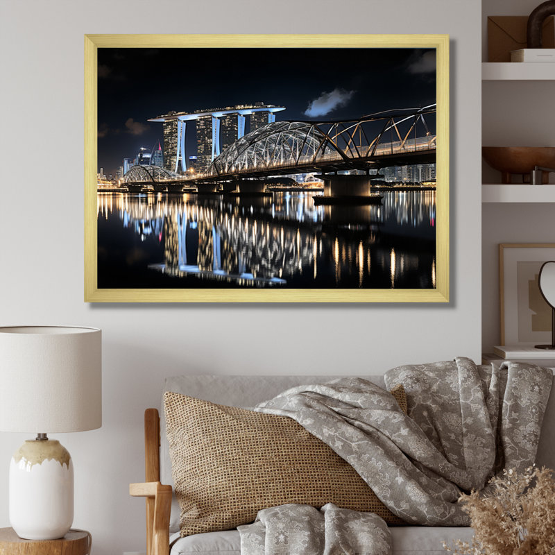 Singapour, beau, paysage urbain, noir, impression, Encadrement doré, H 34 po x l 44 po x P 1,5 po
