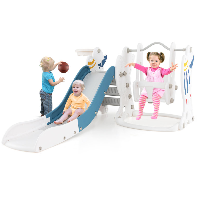 Ensemble de jeu de glissade et de balançoire 4 en 1 pour enfants, Bleu / gris / blanc