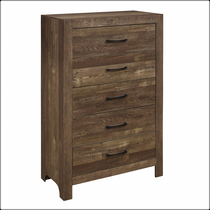 Commode rustique à 5 tiroirs avec quincaillerie en métal noir, solution de rangement durable et élégante pour la chambre à coucher