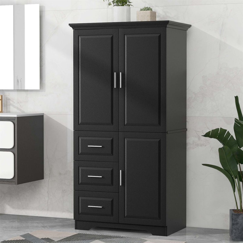 Armoire de rangement haute et large avec portes pour salle de bain / bureau, trois tiroirs, tablettes réglables et dispositif anti-basculement