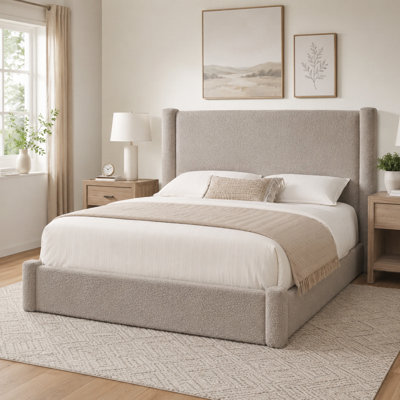 Lit plateforme tapissier de luxe à rangement relevable hydraulique avec traversin arrondi, beige, double