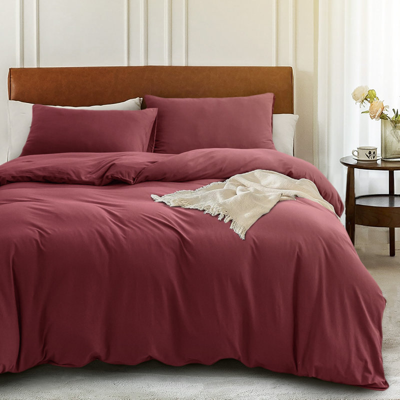 HOME BEDDING Jersey Cotton Duvet Cover Set, Queen Duvet Cover + 2 Standard Shams, Red