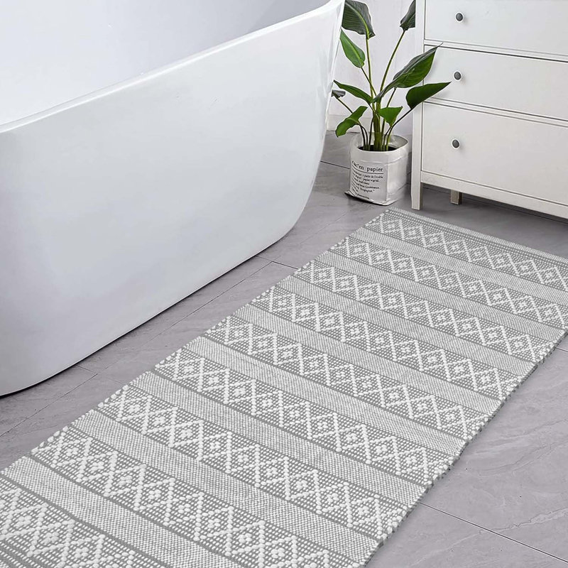Steverson Cotton Bath Rug, Single - 60" L x 24" W, Gray/Ivory