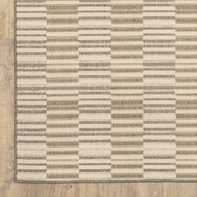 Tavraj Staggered Linear Stripe Beige / Tan Indoor/Outdoor Rug, Runner 1'10" x 7'6"