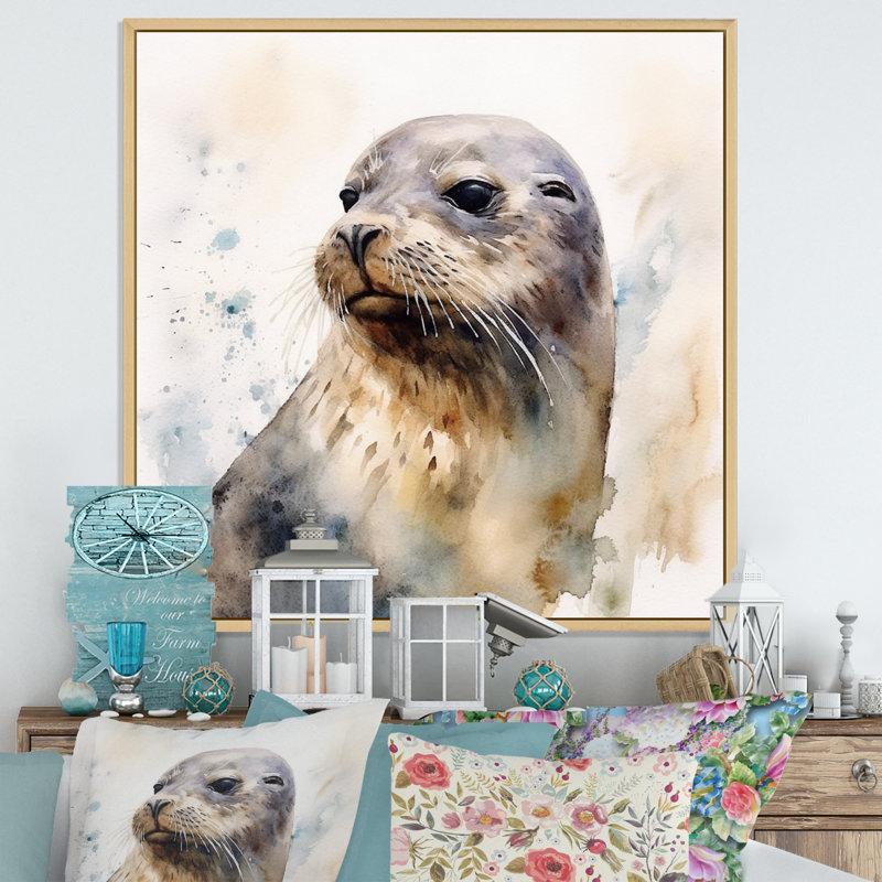 Curieux otarie II sur toile, H 16 po x l 16 po x P 1 po, Cadre naturel flottant