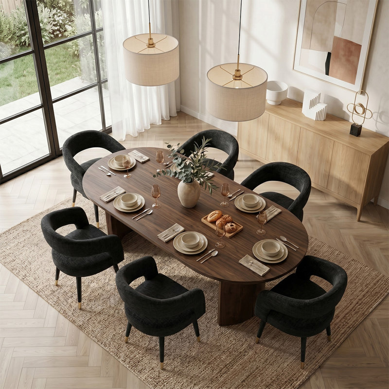 Ensemble de table de salle à manger à piédestal moderne 7 pièces avec 6 fauteuils rembourrés, Black