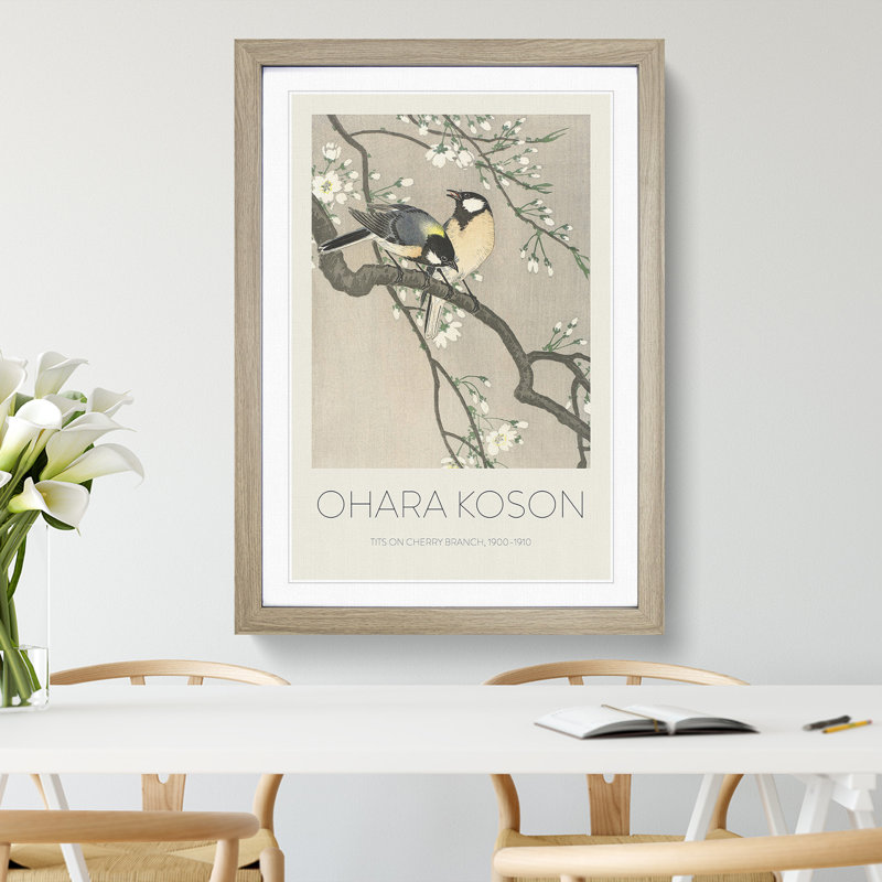 Tits on a Cherry Branch by Ohara Koson - Picture Frame Painting, 36cm H x 27cm W x 2cm D, Oak Framed