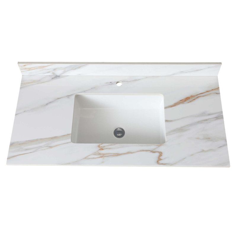 Comptoir de meuble-lavabo en marbre 43 po, comptoir de salle de bain avec lavabo central encastré rectangulaire et dosseret de 4 po de hauteur, comptoir pré-percé, blanc de Carrare avec veines