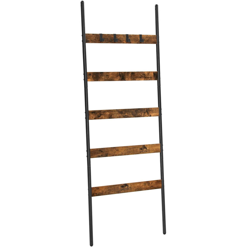 Angled 5-Tier Industrial Blanket Ladder Rack - Rustic Brown 65Cm Wide