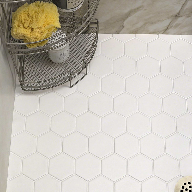 Meadowmere 3" Hexagon Matte Ceramic Tile, Cement White