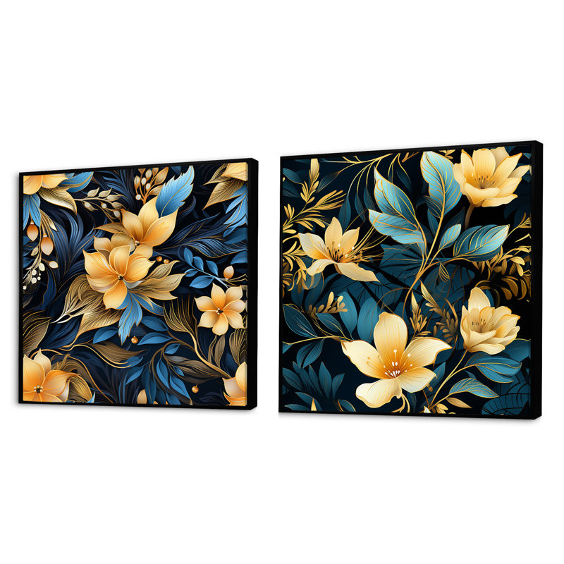 Tropical Twilight II - motif tropical - ensemble de 2 collages floraux carrés, Cadre flottant noir, H 16 po x l 33 po